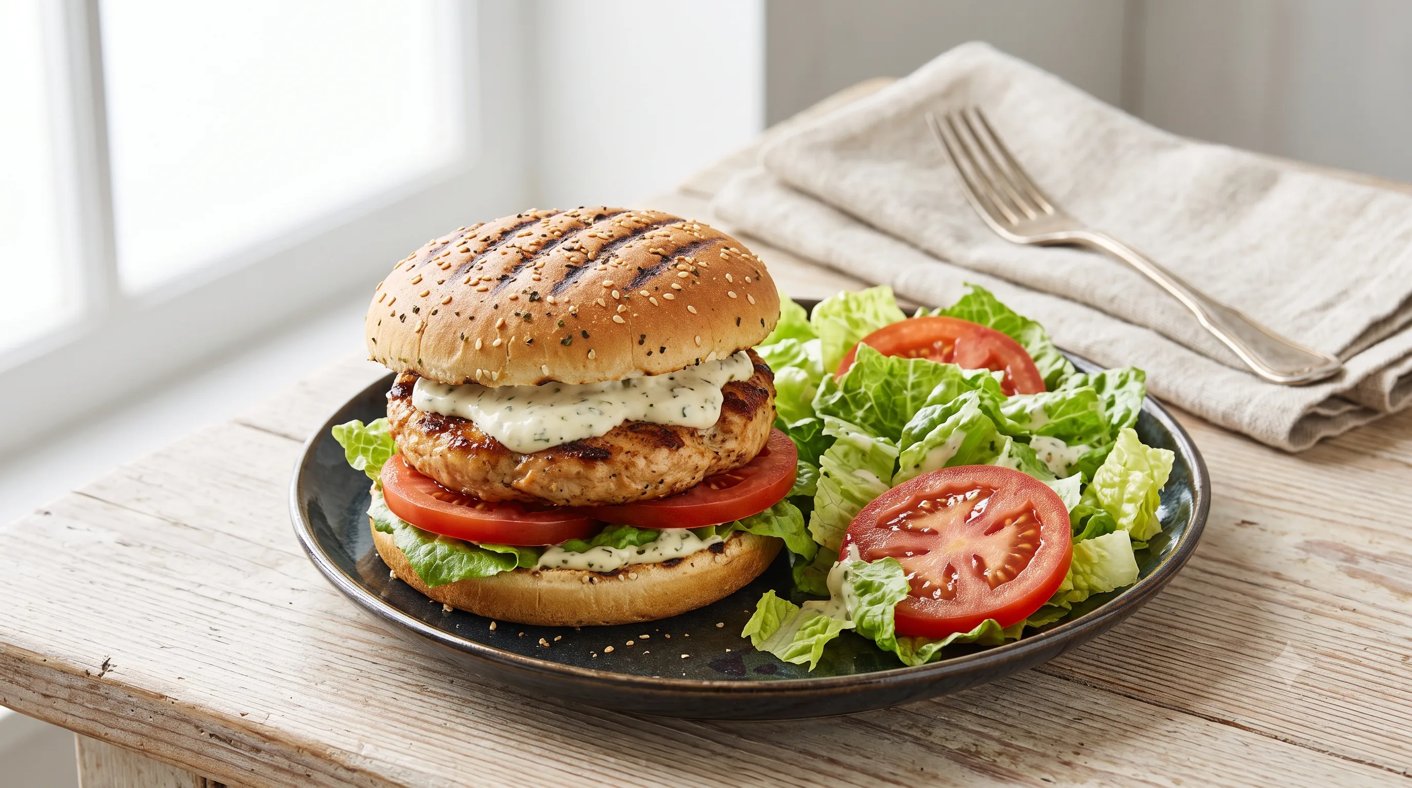 Broodje kipburger met sla, tomaat en caesardressing