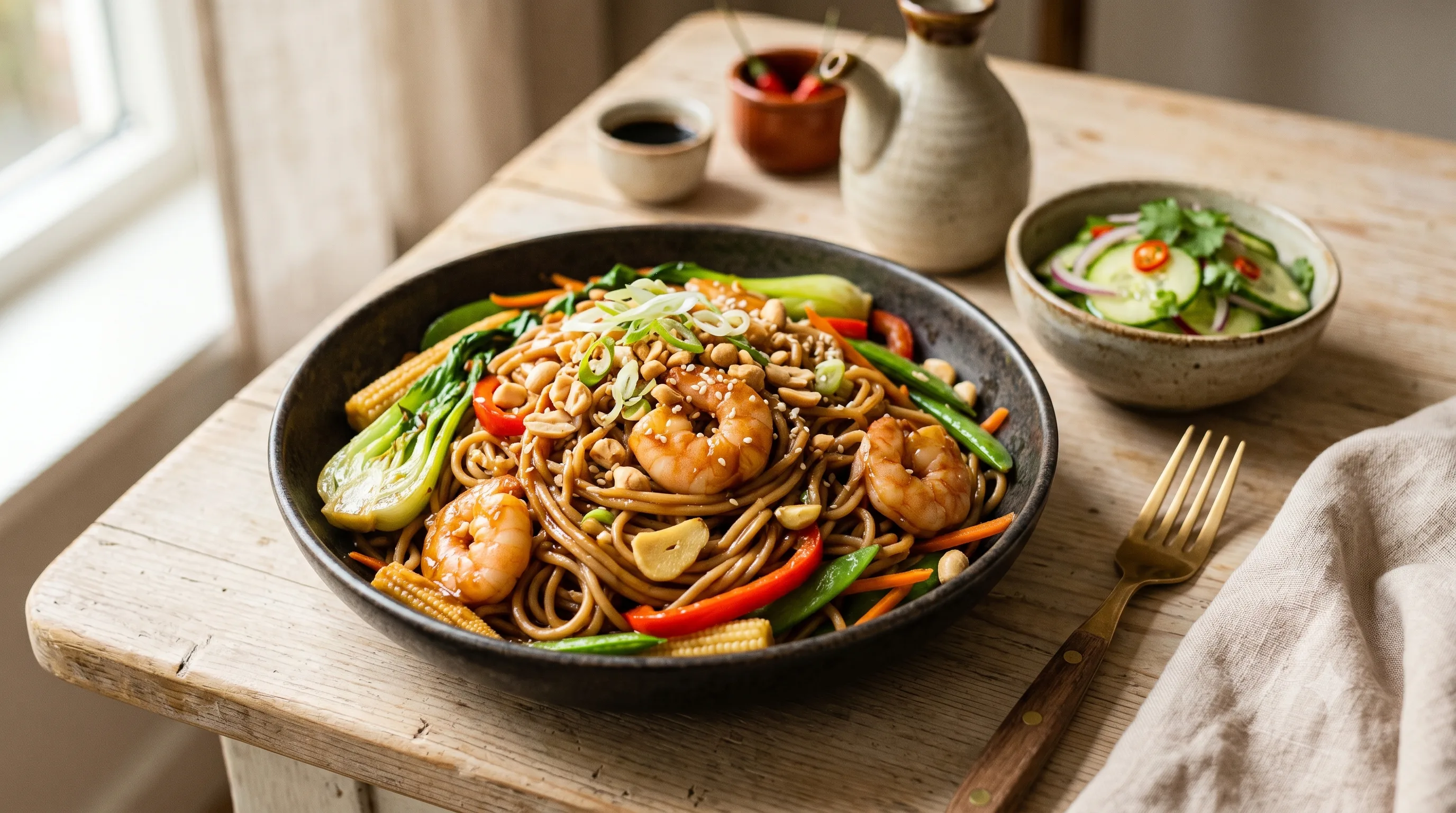 Garnalen Stir-fry met Volkoren Noedels en Oestersaus