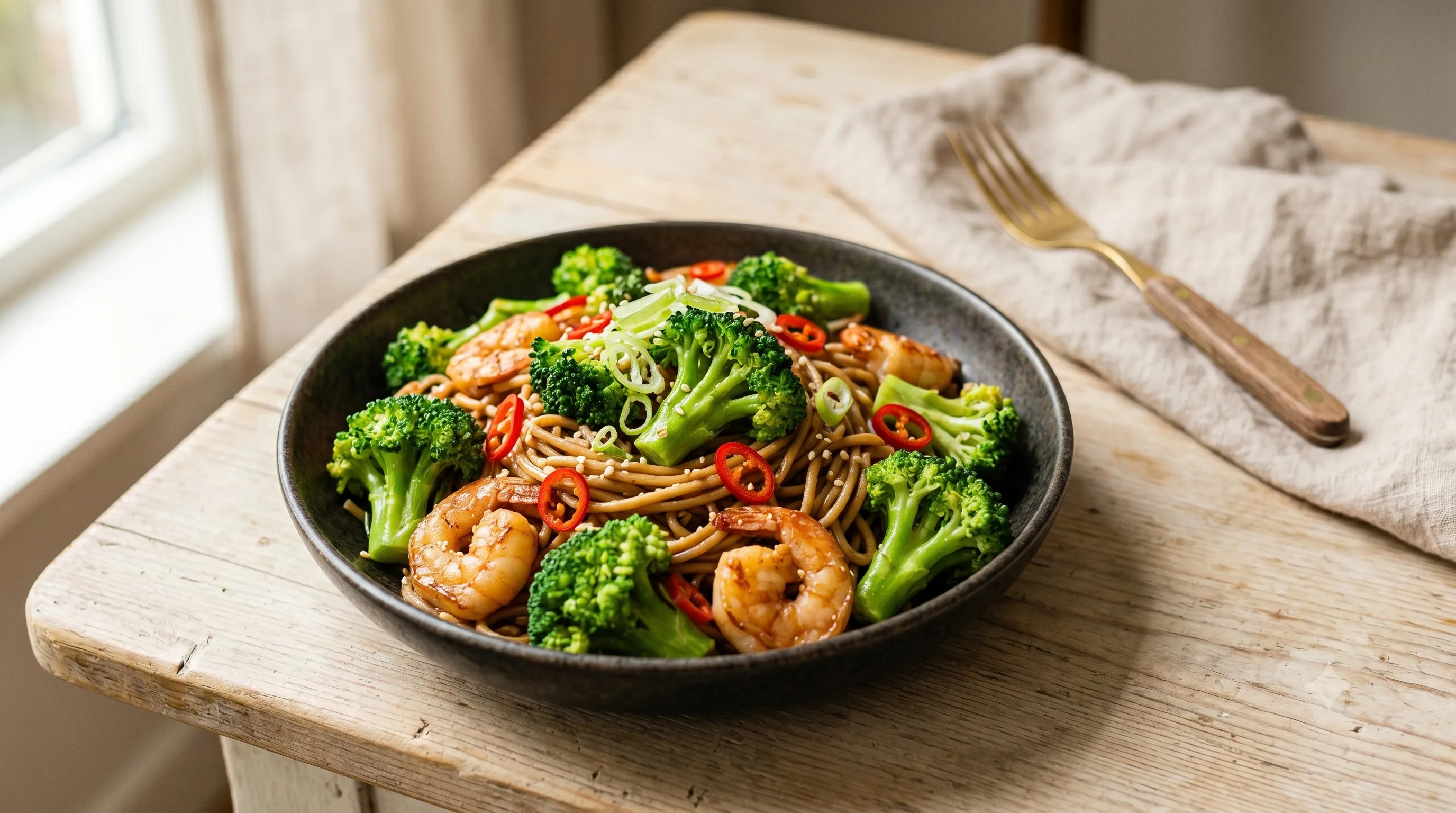 Spicy Volkorennoedels met Broccoli en Garnalen