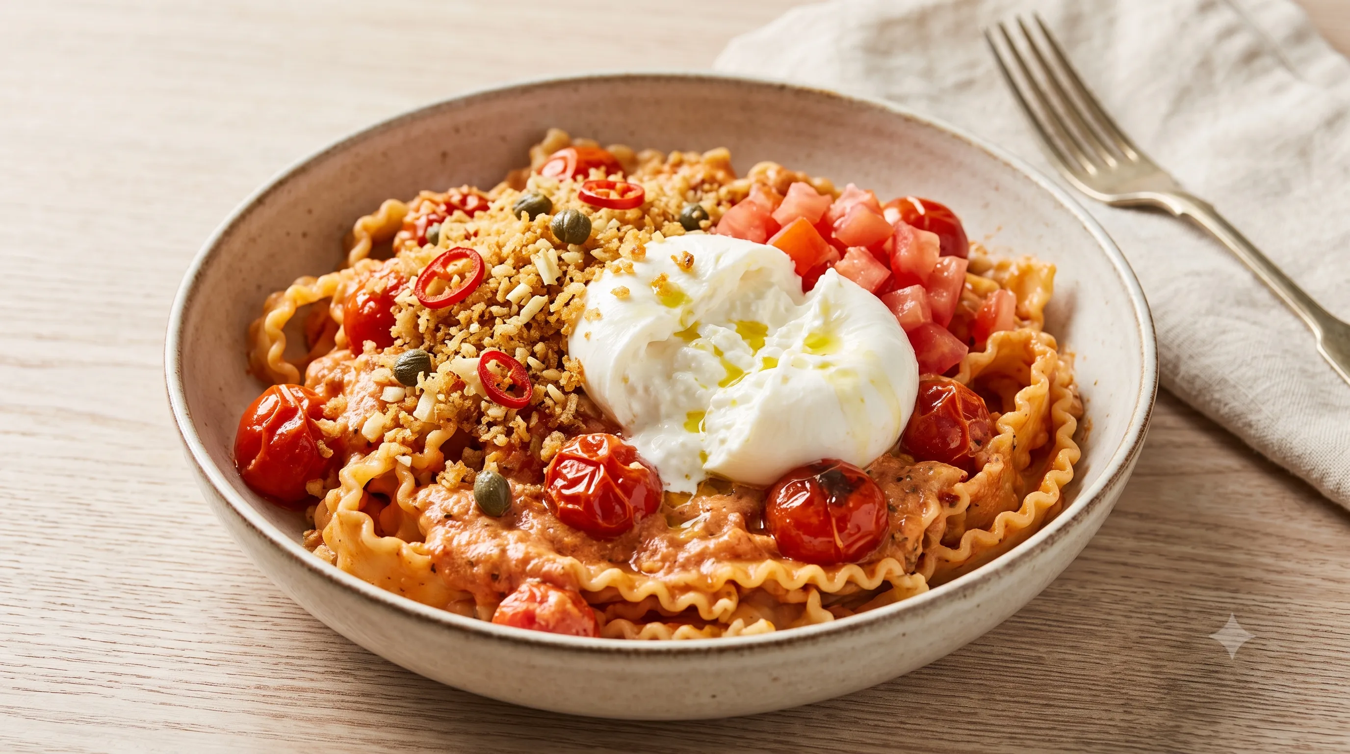 Pasta met Burrata en Krokante Panko