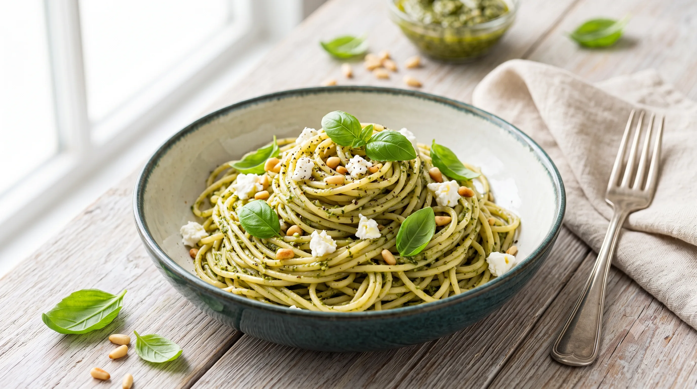 Vegetarische pasta pesto met geitenkaas