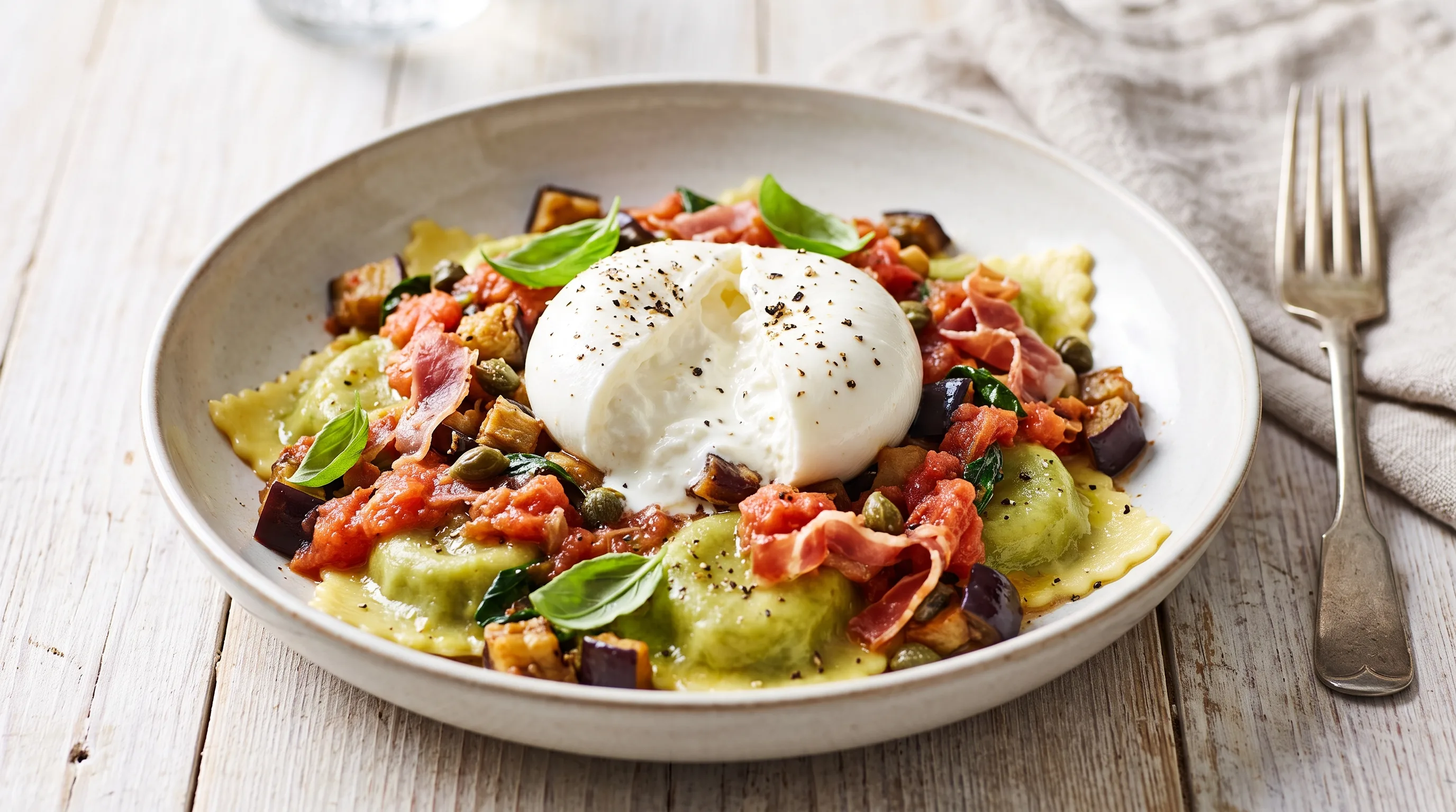 Ravioli met Tomaat, Aubergine en Burrata