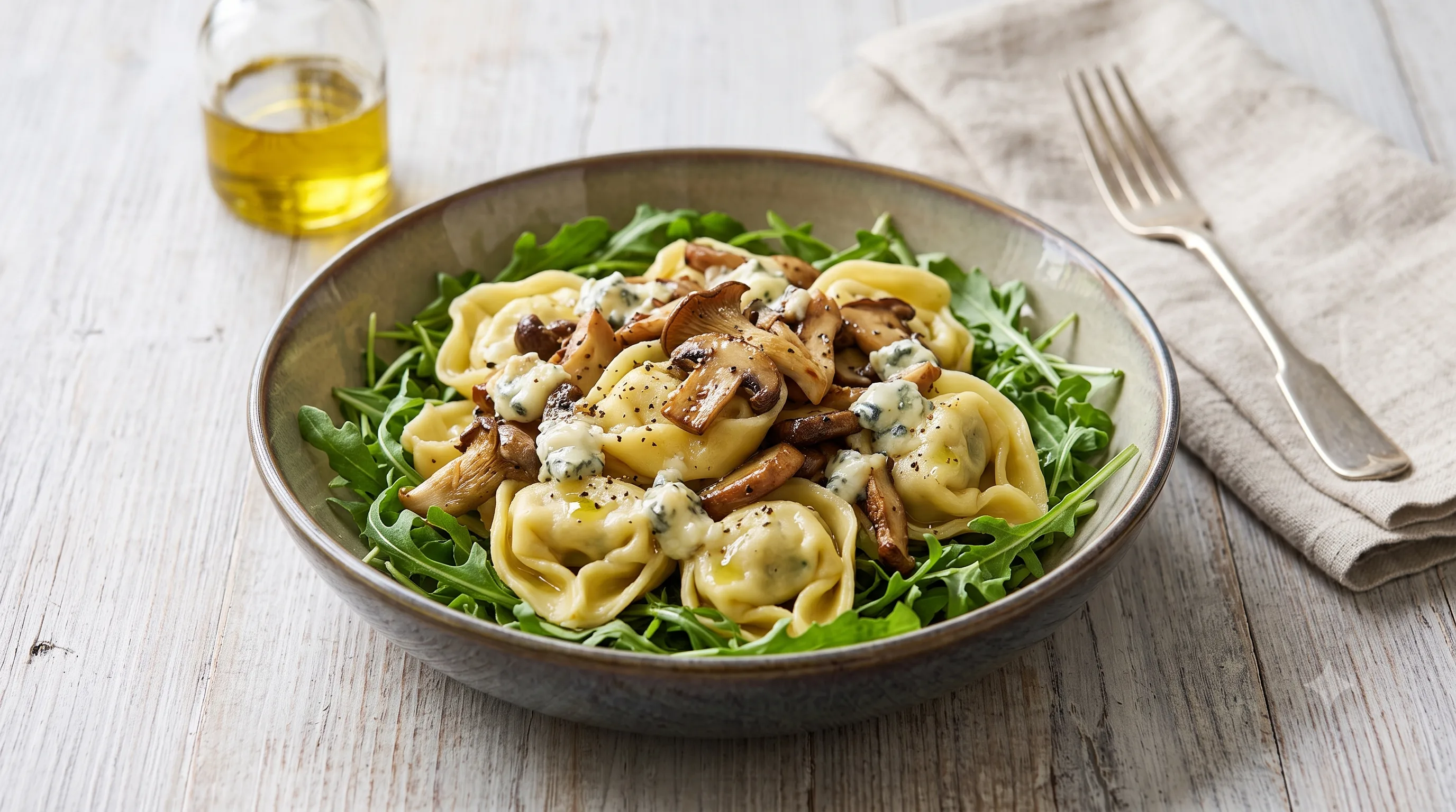 Tortelloni met blauwe kaas & gemengde paddenstoelen