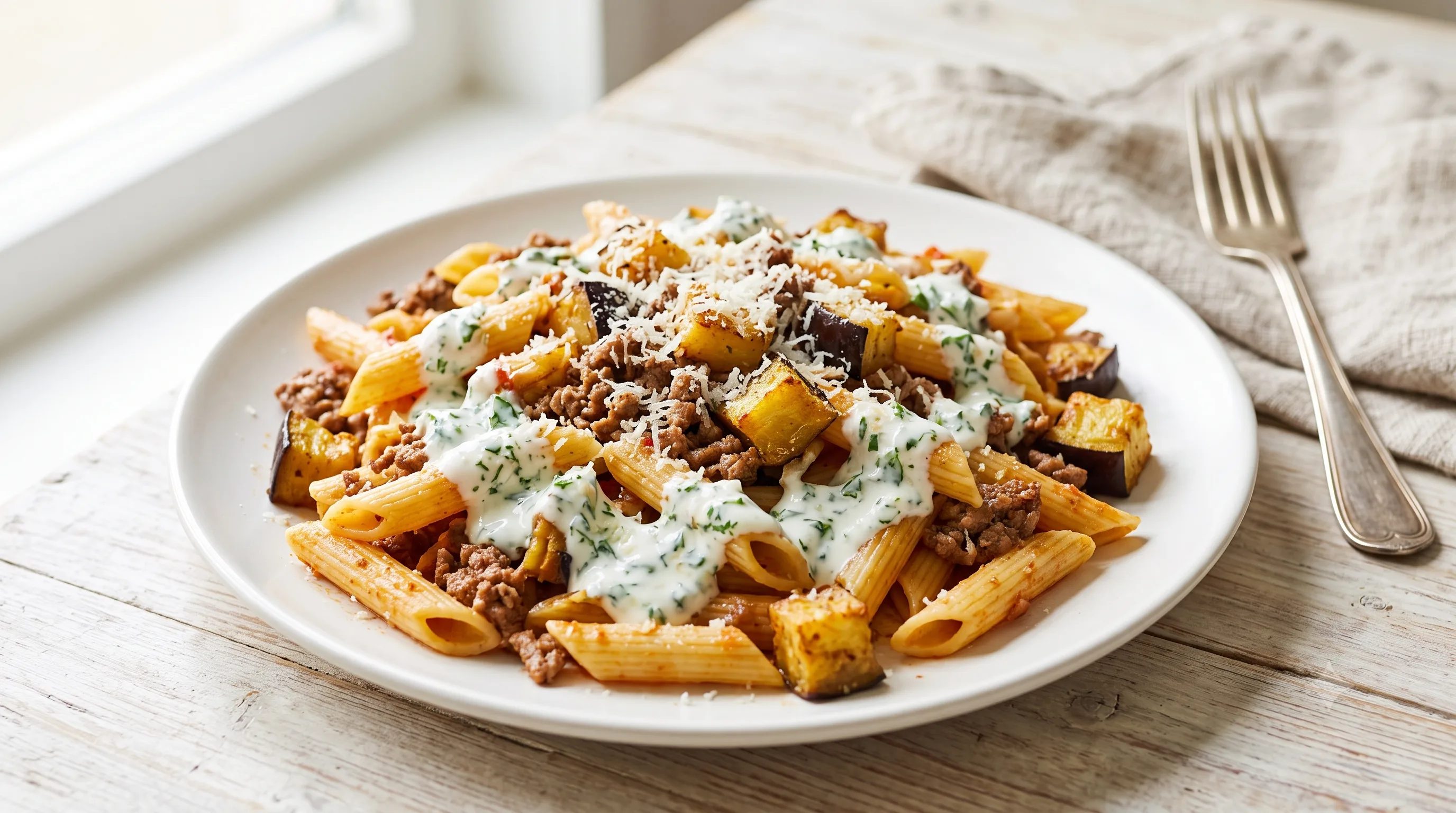 Penne met Rundergehakt, Aubergine en Peterselie-Yoghurtsaus