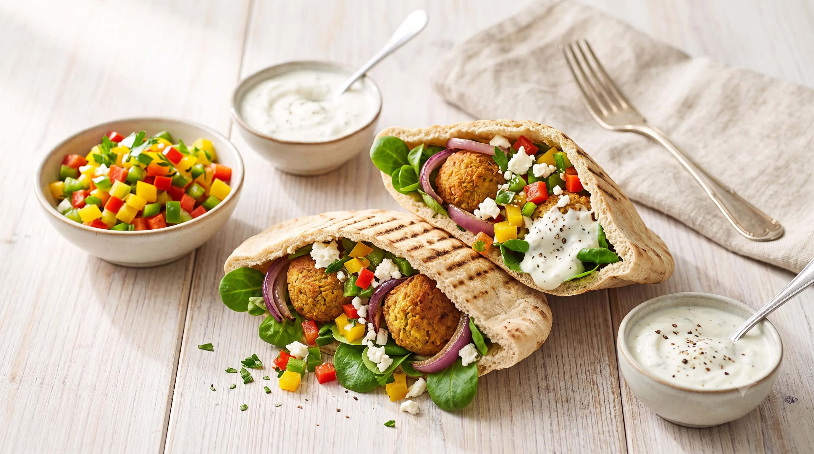 Pita met Falafel, Paprikasalade en Witte Kaas