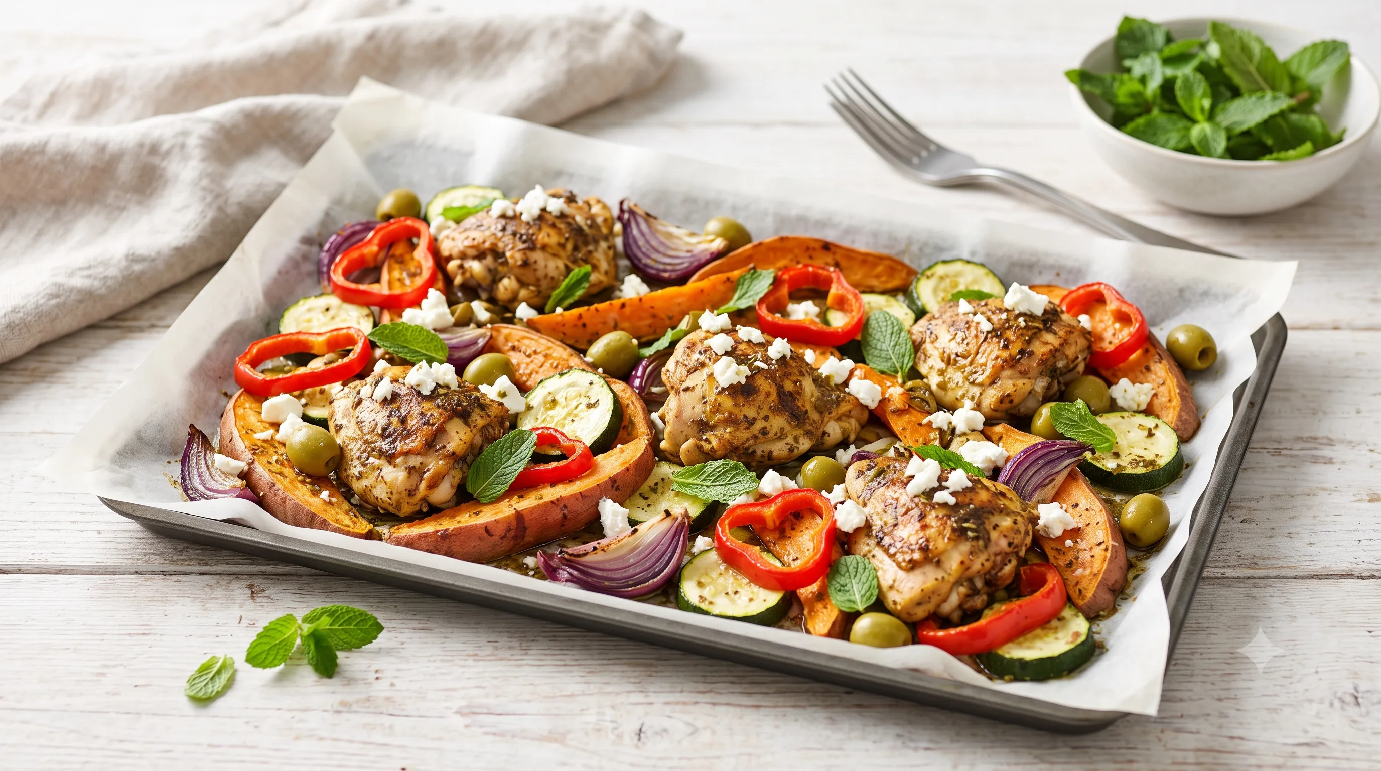 Traybake met Zoete Aardappel, Kip en Courgette
