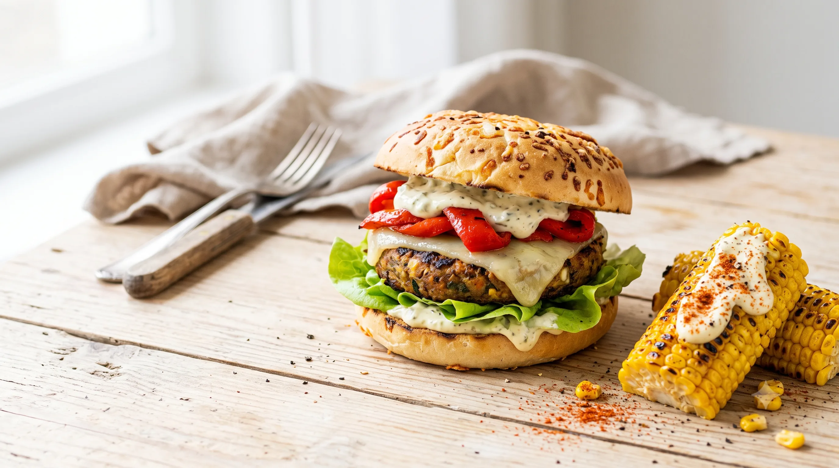 Vegaburger met Manchego, Mais en Augurk