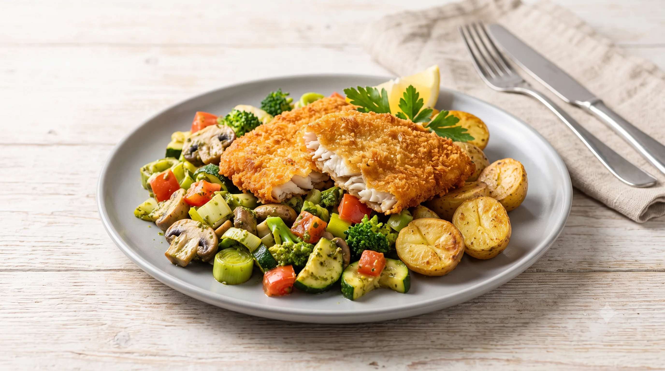 Visschnitzel met Pesto-groenten en Krieltjes