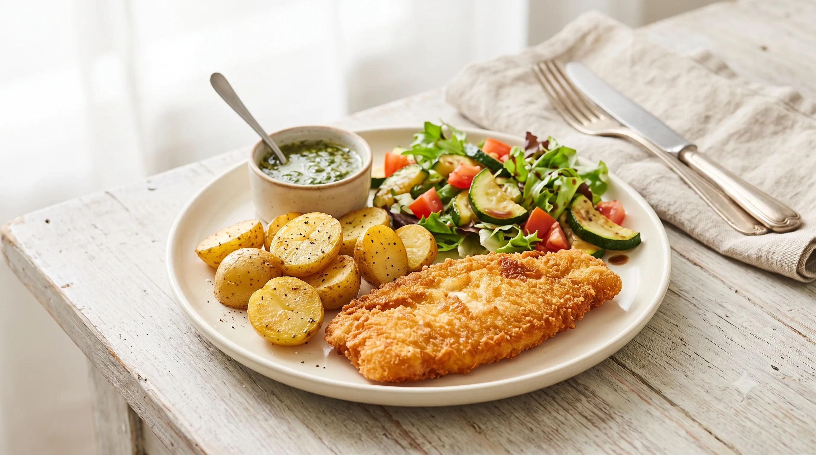 Visschnitzel met Ravigotesaus en Gebakken Krieltjes